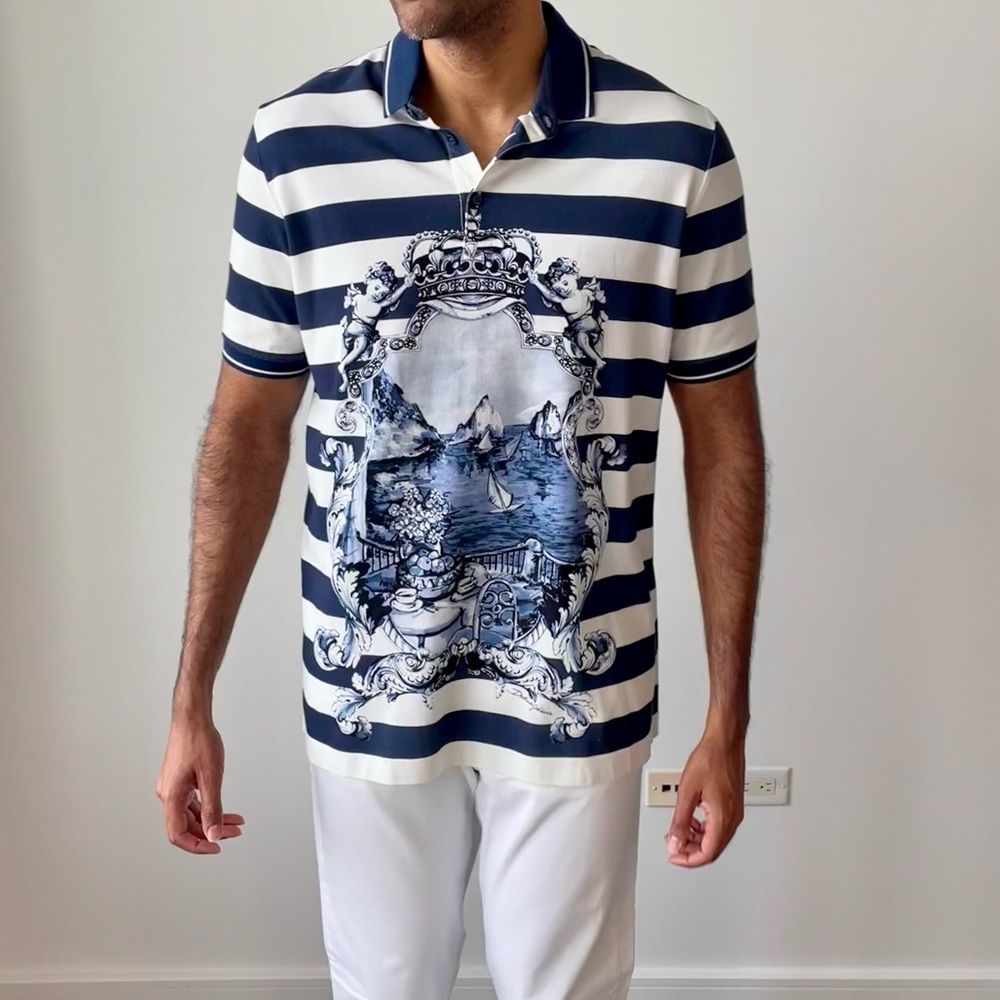 DOLCE & GABBANA 🌊 CAPRI Print Polo 🌊 IT 58. Blue & White.
